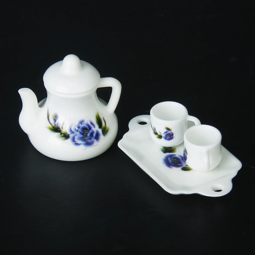Фото Новый кукольный домик Миниатюрный 2 чашки чайник лоток набор с цветочным узором