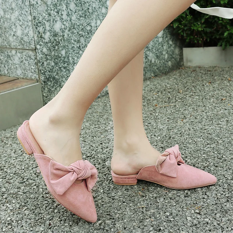 

JK 2018 Summer Women Slippers Fashion Casual Ladies Mules Shoes Flat Sole Butterfly Knot Slides Shoes Pointed Toe Flock Footwear