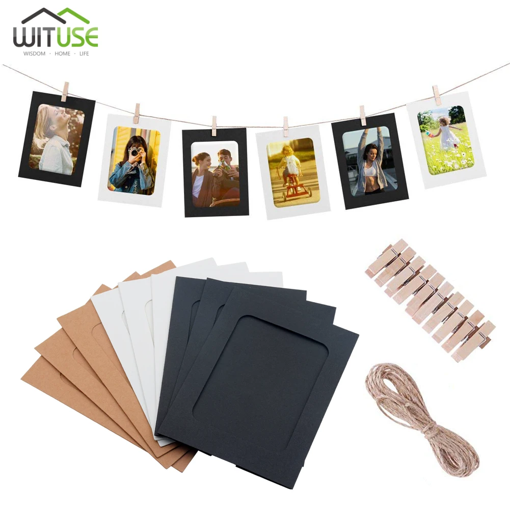 

10Pcs DIY Kraft Paper Photo Frame 3-6 inch Hanging Wall Photos Picture Frame Kraft Paper With Clips Rope For home decor Craft