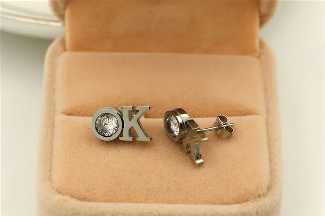 Martick Sport Style OK Letter Stud Earrings Sparkling Crystal For Woman Simple Europe Brand Jewelry E192 | Украшения и аксессуары