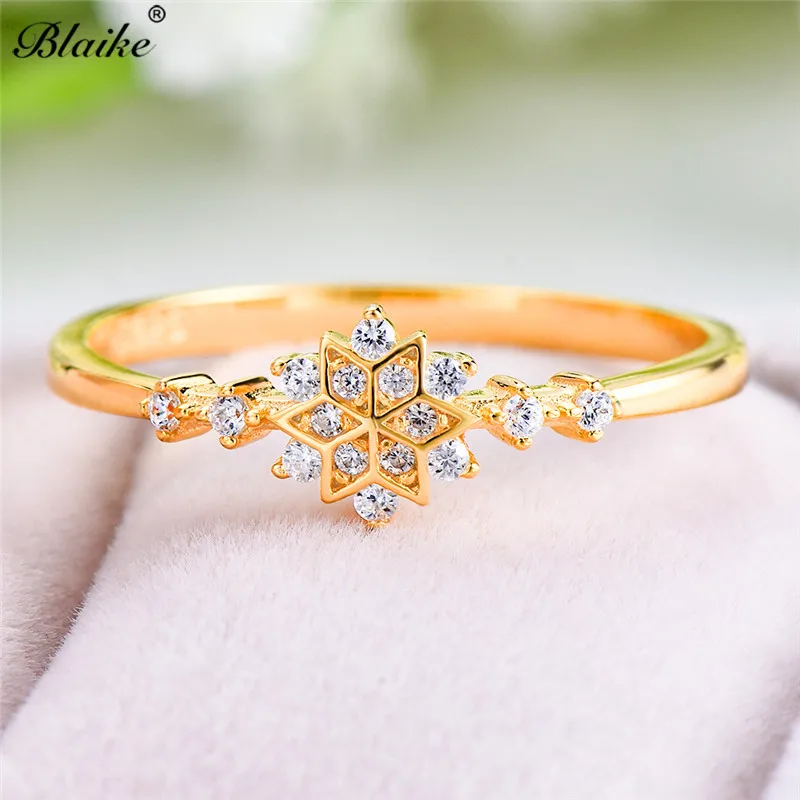 Yellow Gold Ring Минималистичные кольца из стерлингового серебра s925 пробы для женщин, маленькое Хрустальное цветочное кольцо, штабелируемое циркониевое тонкое кольцо, снежинка, обручальные кольца - Цвет камня: Yellow Gold Ring