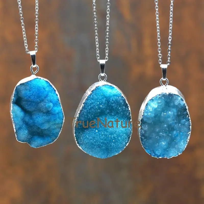

Женское Ожерелье с синими кристаллами Druzy, серебряная цепочка с подвеской из кристаллов, 16-32 дюйма, NM6286, оптовая продажа