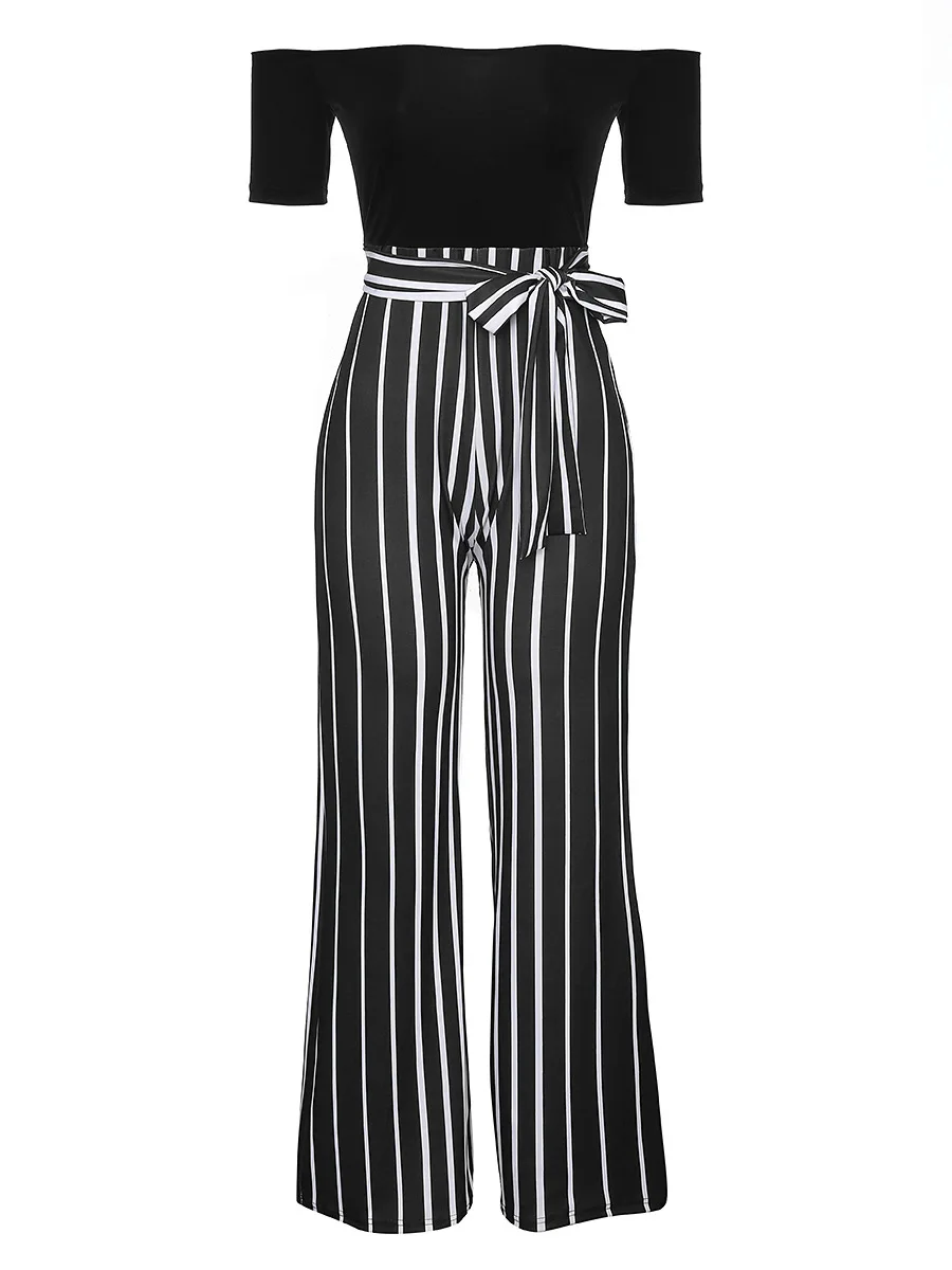 Slash Neck Short Sleeve Stripe Print Overalls Jumpsuits Outfit with Sashes Women Casual Sexy Fashion Bandage Straight Rompers | Женская