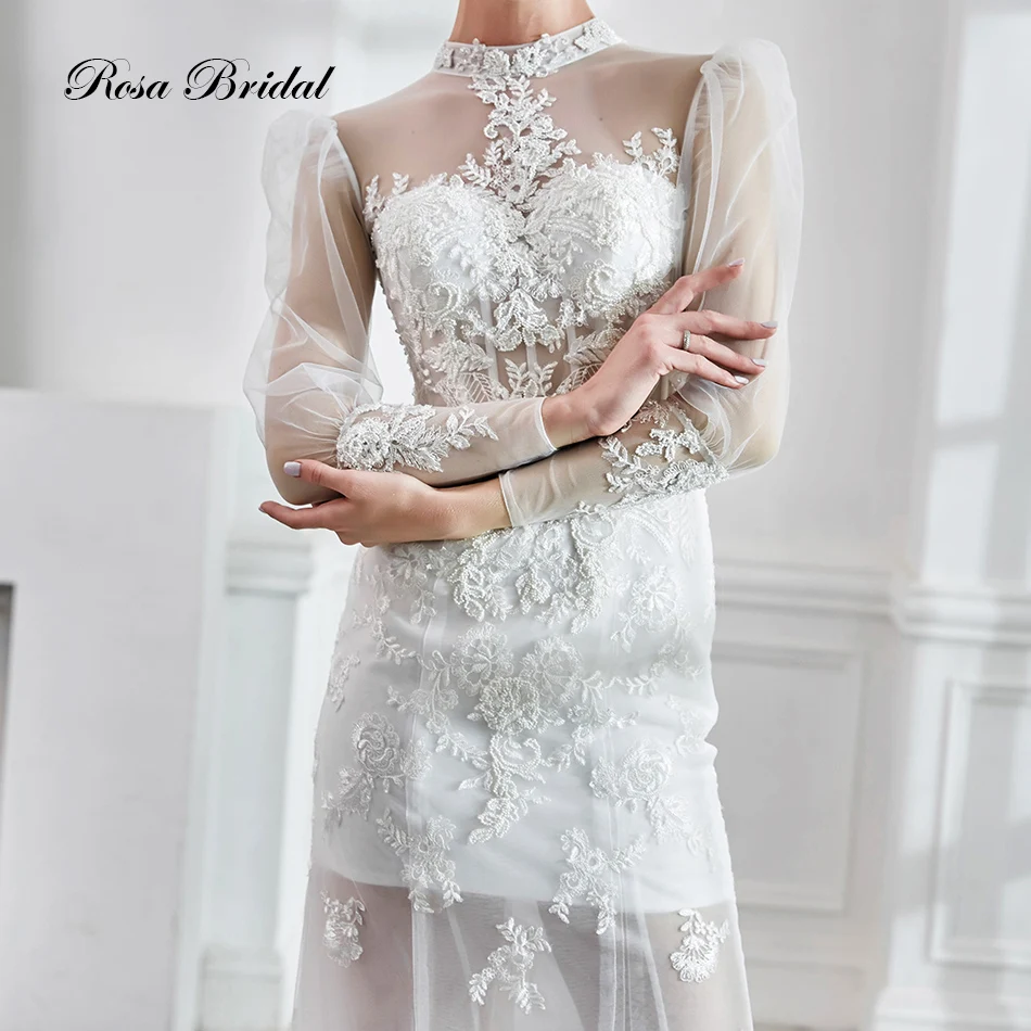 Женское свадебное платье с юбкой годе облегающее высокой горловиной и длинными