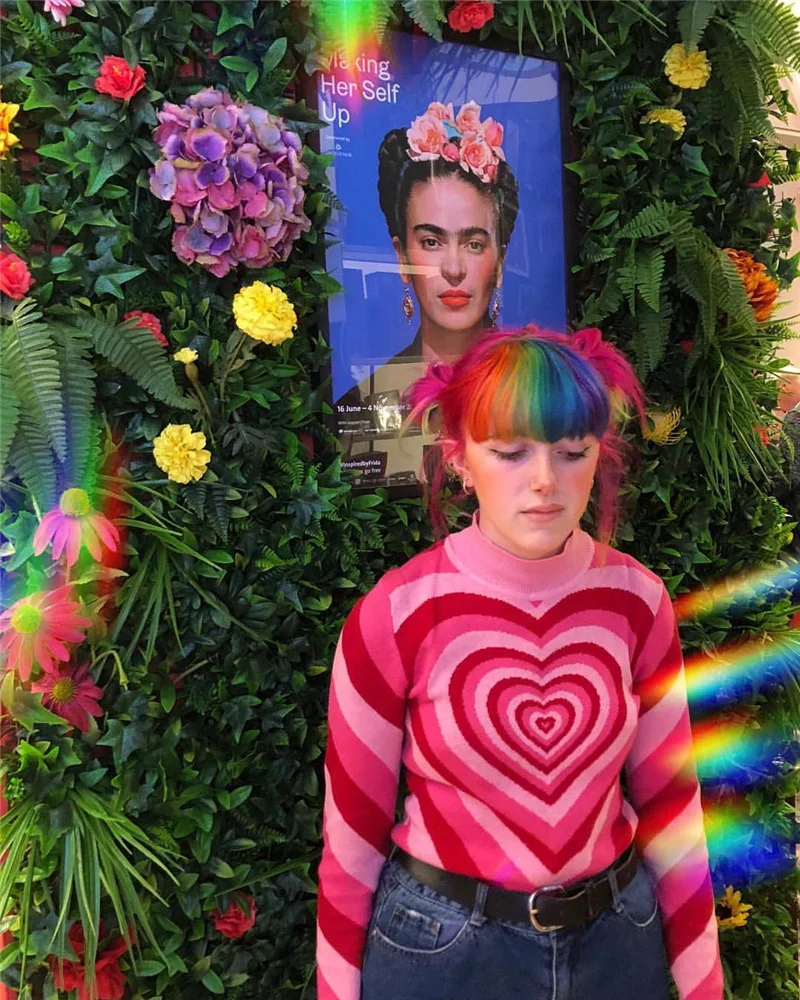 Свитер с надписью «Love» розовый красный блок женская осень ленивый оаф Радуга макет шеи Красный пуловер трикотажная рубашка