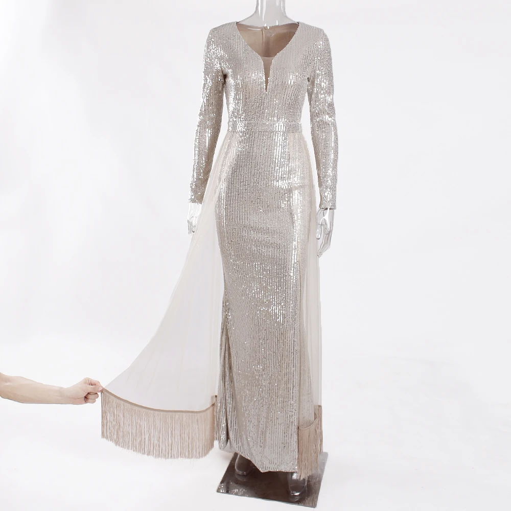 Длинное Сетчатое платье-макси в полоску с V-образным вырезом и блестками | Женская