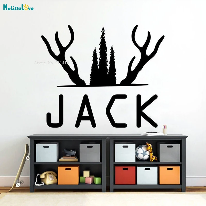Пользовательское имя наклейка на стену в детскую рогатый олень Дети Мальчик