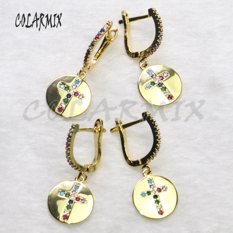 5 Pairs Cross earrings round dangle hook rainbow crystal jewelry for women summer girls 5467 | Украшения и аксессуары