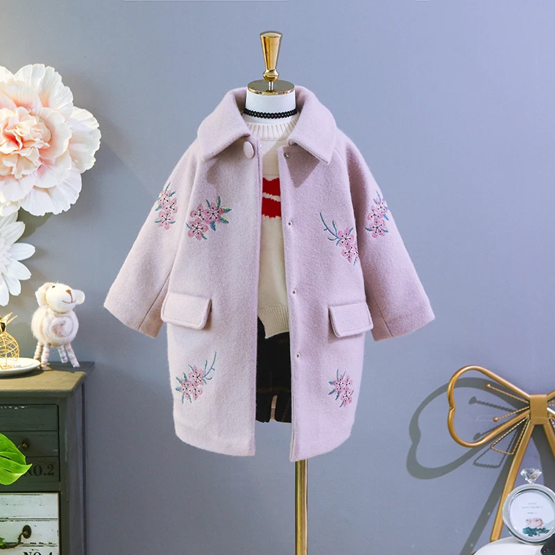 Girls Wool Overcoat Fall Winter 2018 New Babys Kids Medium-Long Thickened Casual Woolen Coat Children Embroidered Outerwear D84 |