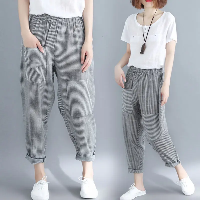 M-5XL Pants Female Plus Size Women's Summer Clothing Fashion Striped Casual Tide New Pantalon Femme Large Trousers f1215 | Женская