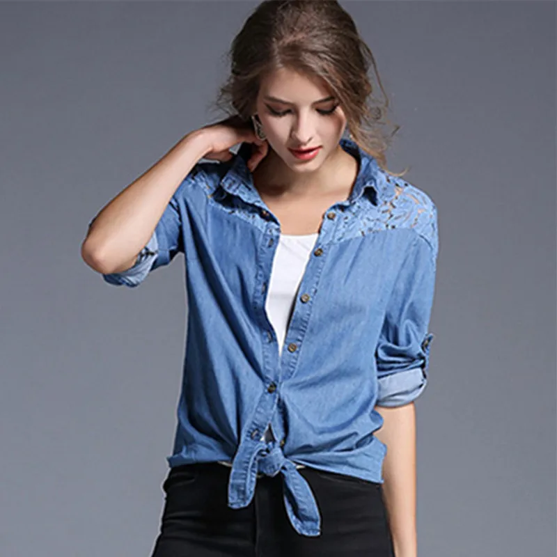 HziriP 2017 Euramerican Women Denim Tops Long Sleeve Shirts Lace Single Breasted Office Plus Size Female Blouse Spring Summer |