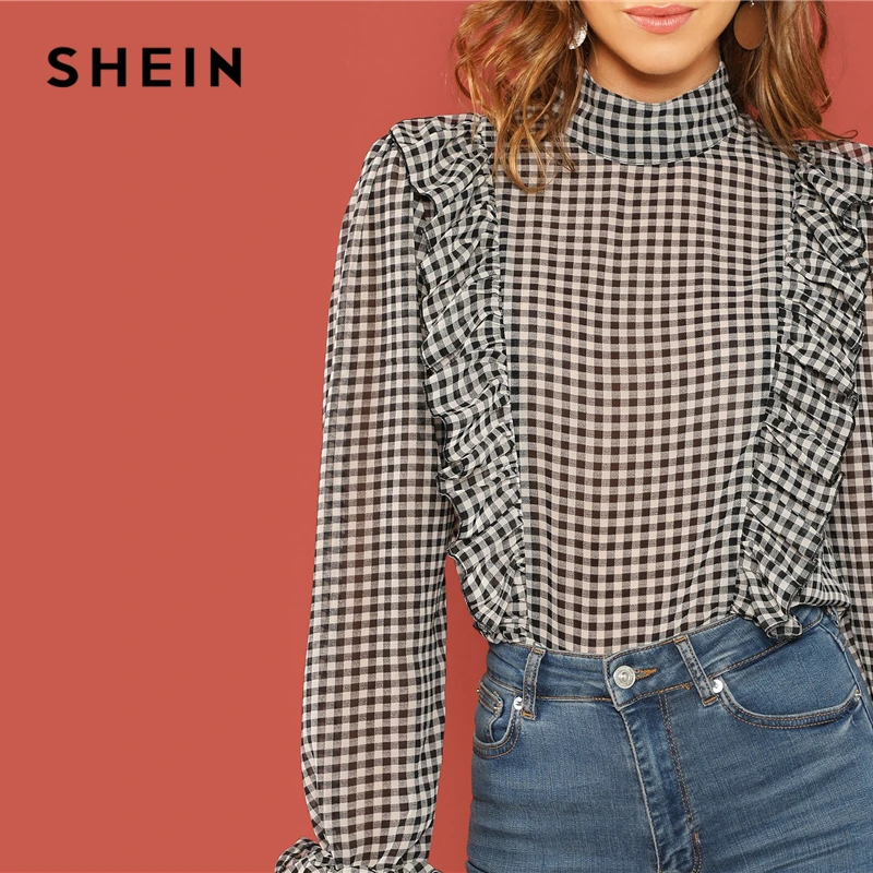 SHEIN Блузка В Клетку С Длинным Рукавом, Клетчатая Блузка С Оборками, Повседневная Блуза
