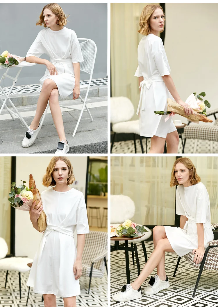 Amii Minimalist Women Dress Spring Summer Causal Solid Short Sleeve Belt Lace Up O Neck Cotton Elegant Female Dress