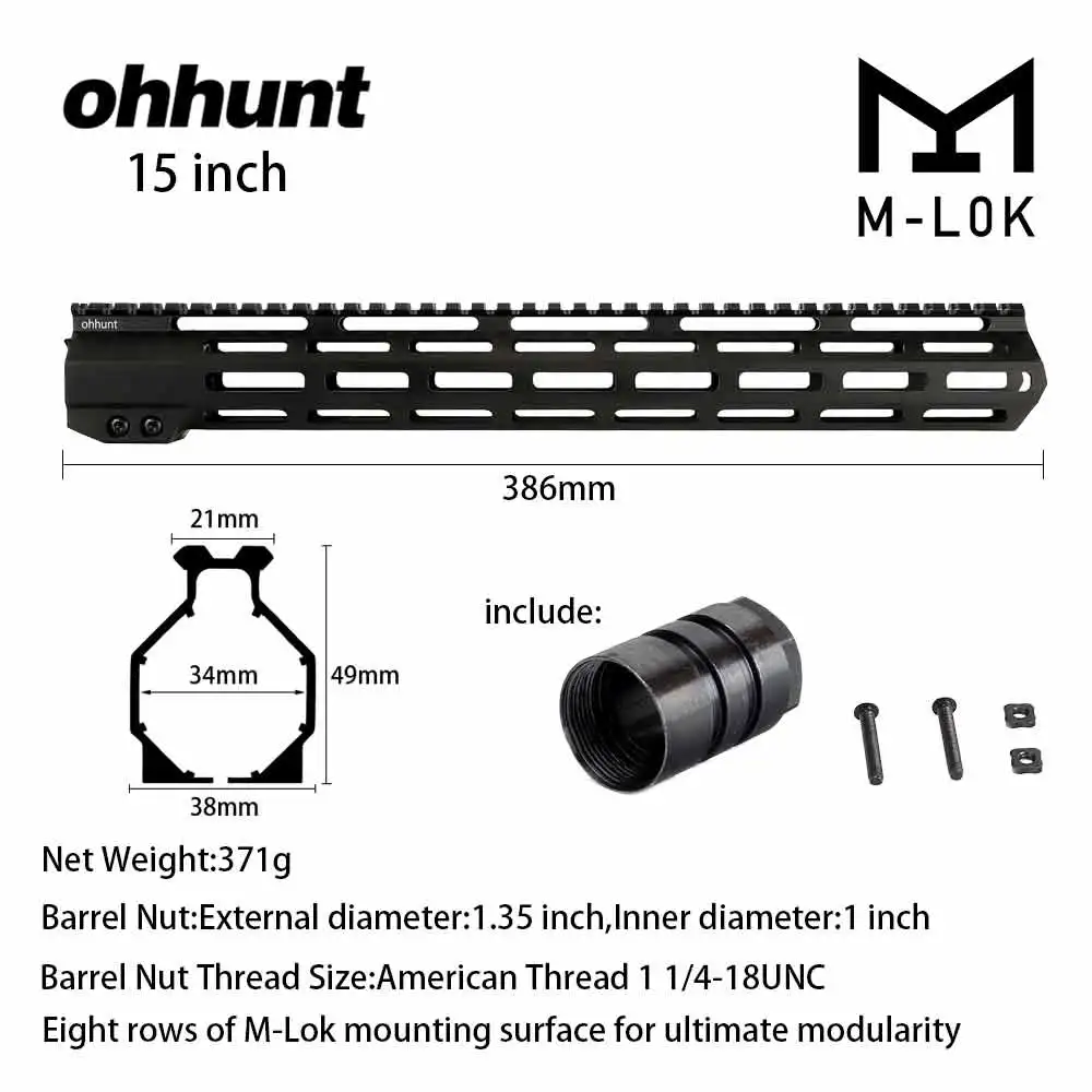 Ohhunt " 9" 1" 12" 13," 15" 1" AR15 поплавок M-LOK Handguard Пикатинни тонкий стиль стальной баррель гайка для прицела - Цвет: 15 inch Black