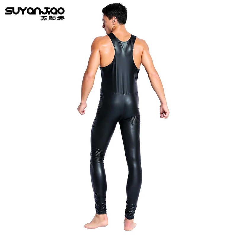 2XL Black Red Patent Leather Sexy Mens Zipper Open Crotch Catsuit Spandex Zentai Bodysuit Male Erotic Party Clubwear New | Тематическая