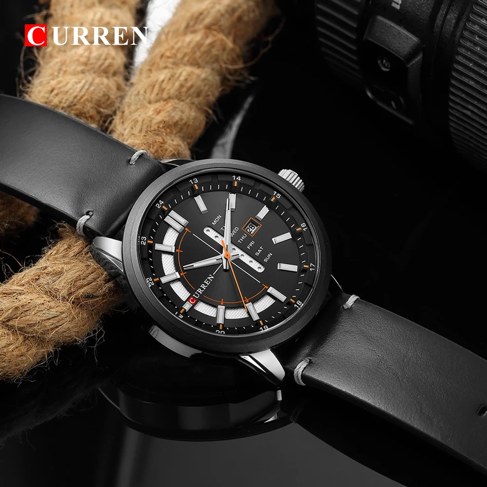 

Mens Watches CURREN 2019 New Unique Fashion Design Dial Quartz Watch Leather Strap Watch Display Date and Week Clock Green Reloj