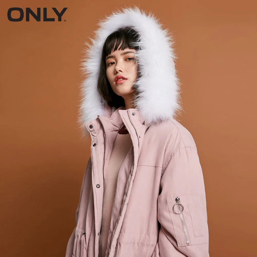 ONLY Women's Raccoon Fur Collar Cinched Waist Long Cotton Coat |118122501
