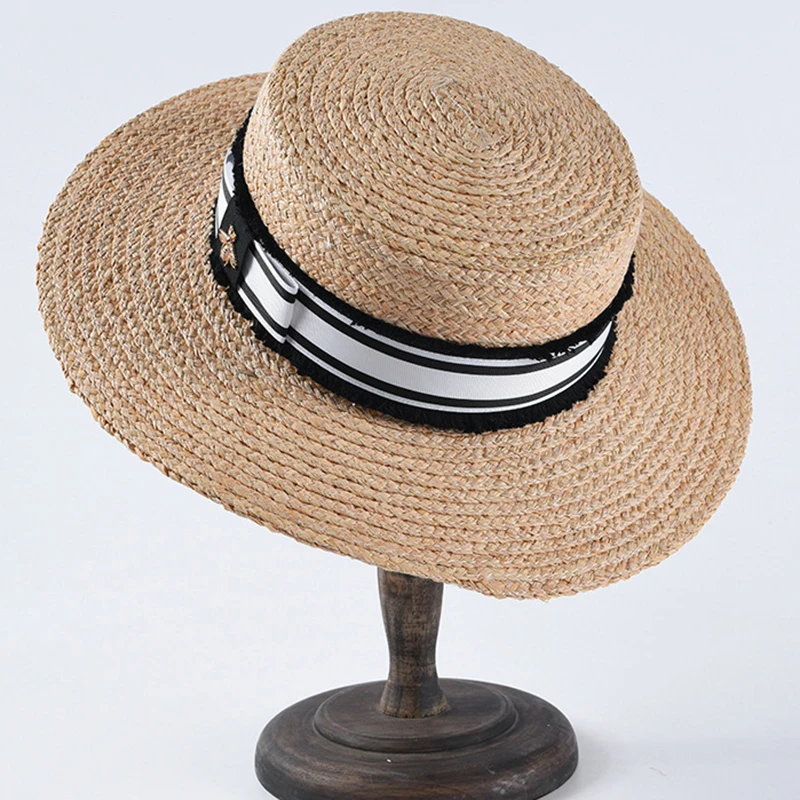 

Fashion Bee Summer Sun Hat For Women Natural Raffia Crochet Straw Hat With Ribbon Flat Panama Hat Summer Travel Beach Hats