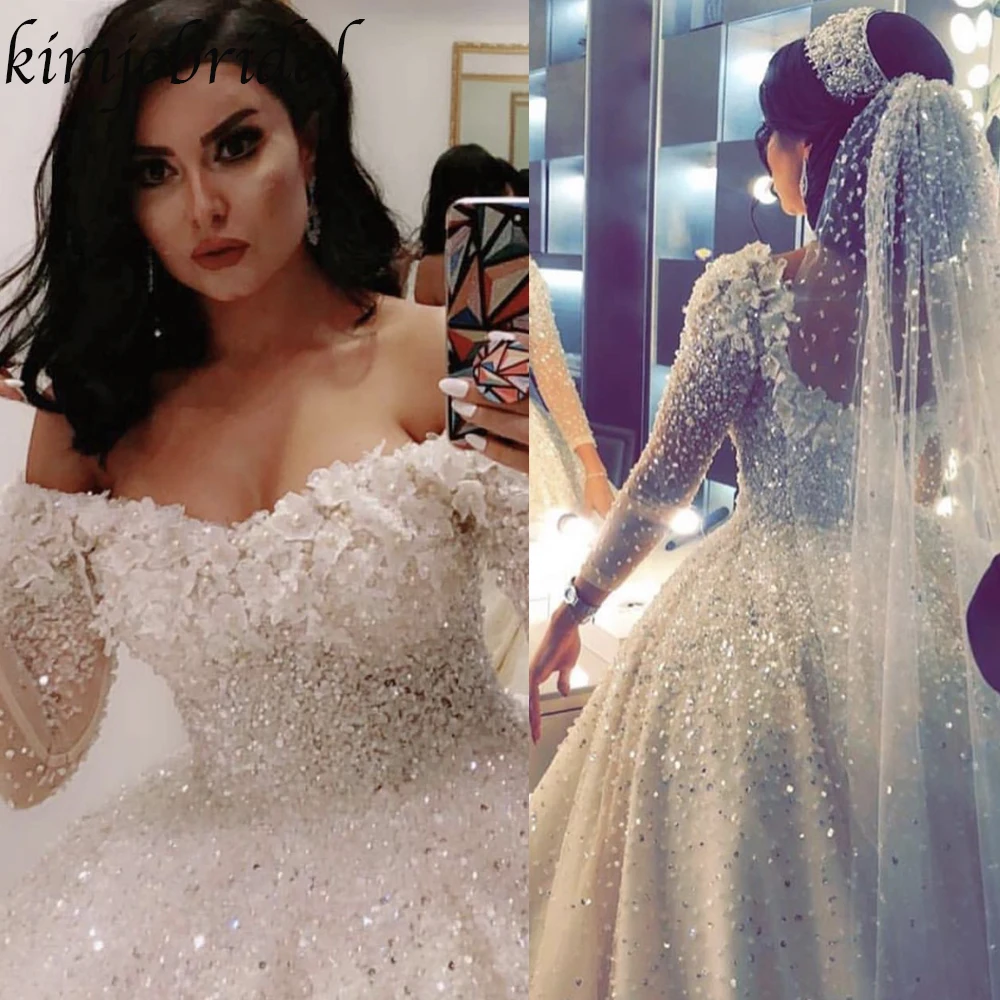 Beaded Wedding Dresses 2019 Ball Gown Sweetheart Neckline Sequins Long Transparent Sleeve Tulle Bridal Luxury | Свадьбы и торжества