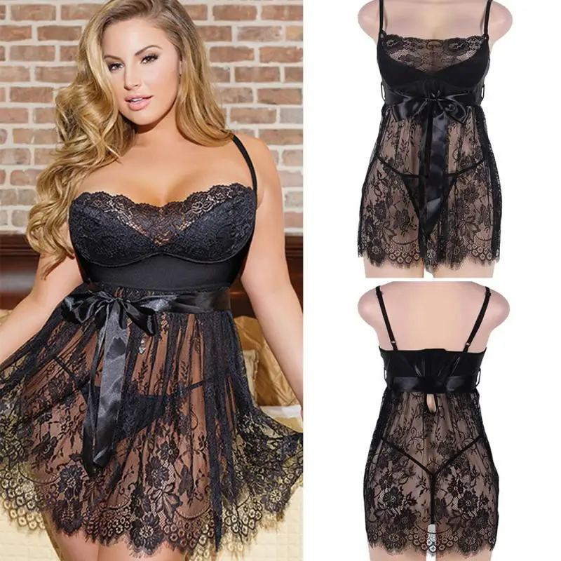 

Sexy Babydoll Lingerie Erotic Women Black Lace Plus Size Costume Sleepwear Dress Transparent Hollow-out Chemise Underwear