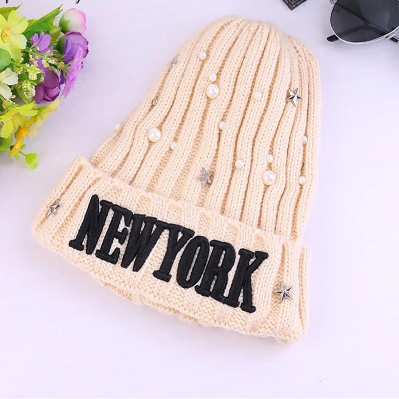 Новая детская шерстяная шапка с перламутровыми бусинами в нью-йоркском стиле