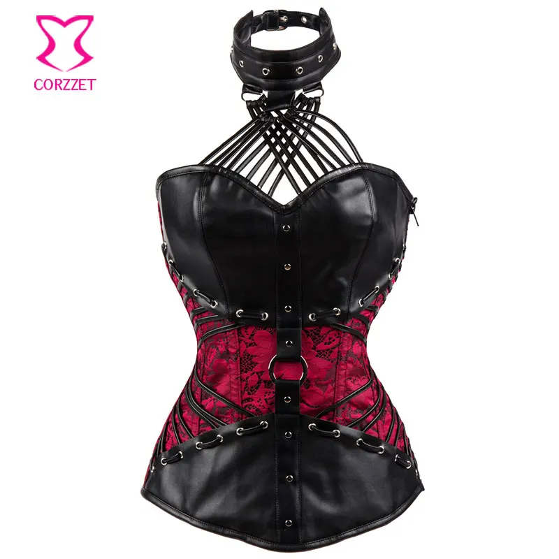 Red Floral Brocade and Black Leather Steampunk Corset 6XL Plus Size Corsets and Bustiers Sexy Corselete Feminino Espartilhos