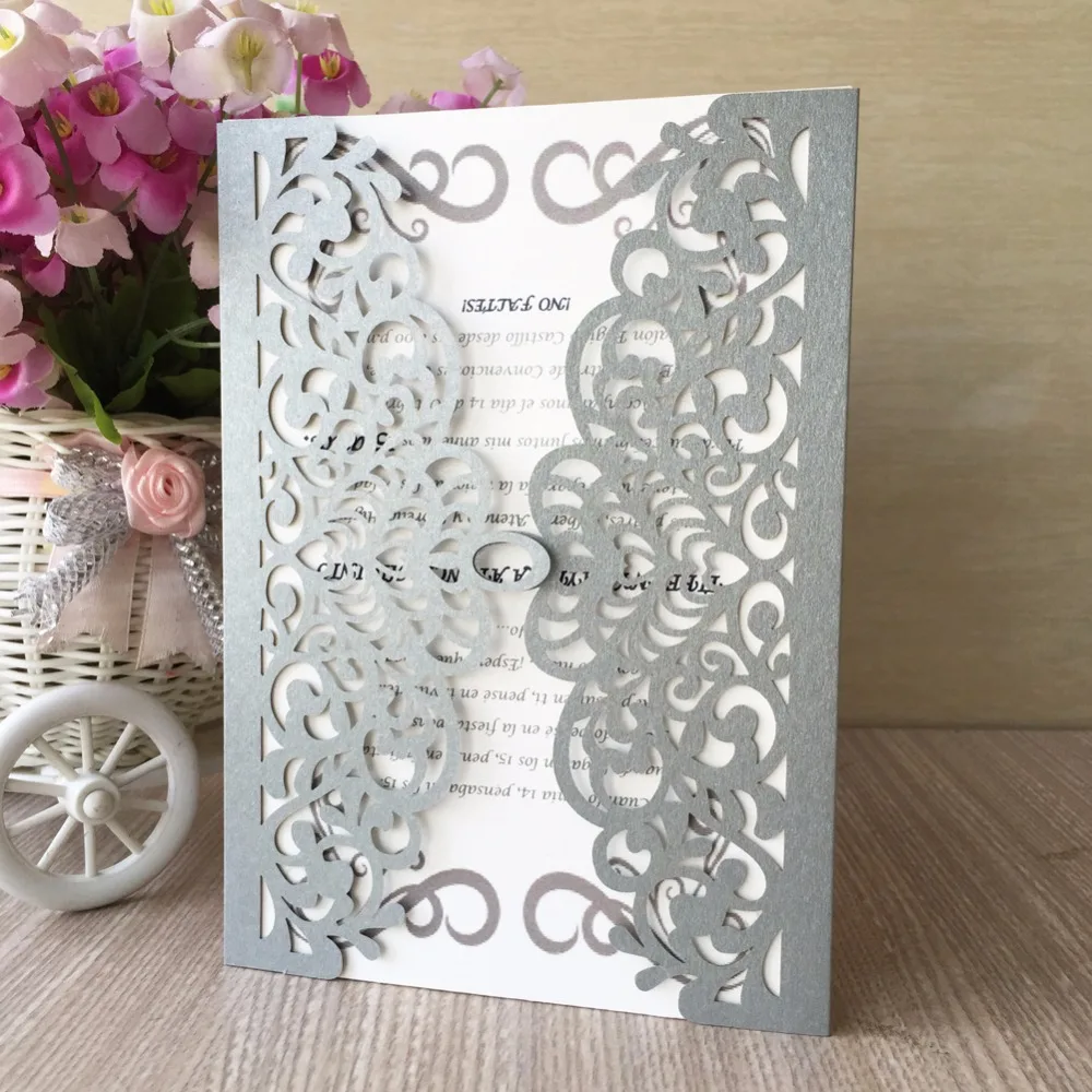 

20Pcs Silver Color Laser Cut Flower Wedding Invitation Cards pearl paper wedding gift for Guests party Birthday Decoration Card