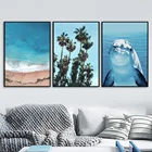 Дельфин, рыба, море, пляж, дерево, голубой пейзаж, скандинавские плакаты и принты, настенная живопись на холсте, настенные картины для декора гостиной