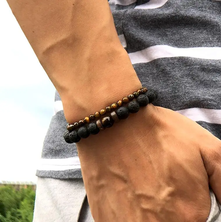Brown Tiger eye Noter, 2 шт., мужской браслет, набор, натуральная лава, обсидиан, тигровый глаз, Braslet, 4 мм, маленький браслет с бусинами для мужчин, аксессуары для кемпинга, ювелирные изделия - Окраска металла: Brown Tiger eye