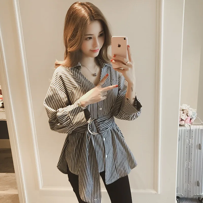 Женские летние рубашки блузки с длинным рукавом в полоску Топы 2017 Повседневная