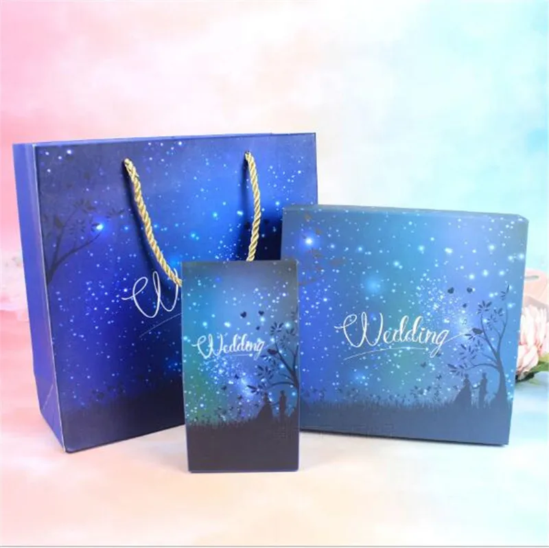 3pcs Подарочная коробка, набор свадебных подарочных коробок, Подарочная коробка для конфет, Подарочная коробка со звездами, вечерние бумажные пакеты синего цвета - Цвет: 3pcs