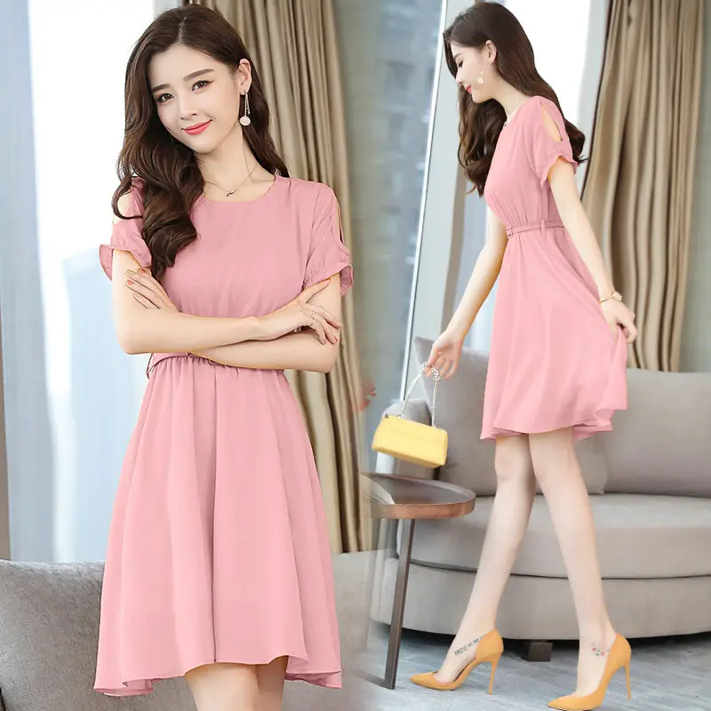 Мода Корея Новый элегантный розовый Твердые шифоновое пляжное платье Для женщин