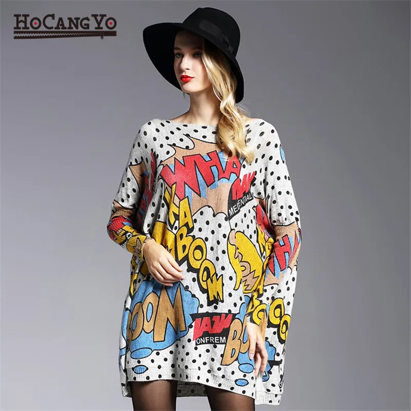 HCYO Oversized Fashion Women Long Sweaters Shirt Slash Neck Batwing Sleeve Print Pullovers Clothing Female Loose Casual Sweater | Женская