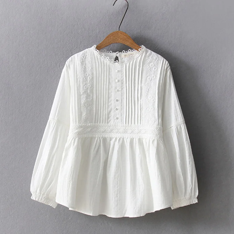 Spring Summer Mori Girl Casual Shirt Women Solid White Long Sleeve Cotton Embroidery Female Elegant Tops Ladies Blouses U185