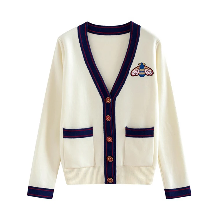 Queechalle осень пчелы вышивка вязаные кофточки с рисунком в виде Женские полосатые