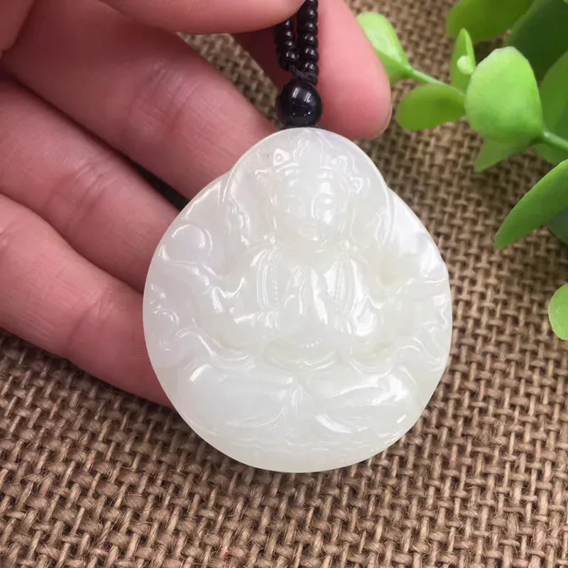 Натуральный Синьцзян Хэтянь нефрит белая рука Гуаньинь подвеска 38*42 мм