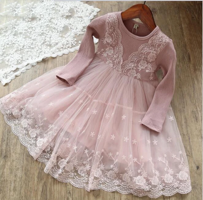 Платье для девочек весна 2019 кружевное детское платье принцессы с длинным рукавом