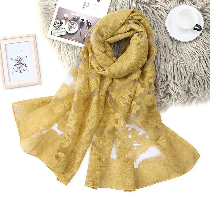 4 yellow ZFQHJJ, весенний женский шелковый шарф из органзы, элегантные женские выдолбленные жаккардовые резные цветы, кружевные большие длинные шарфы, шали - Цвет: 4 yellow