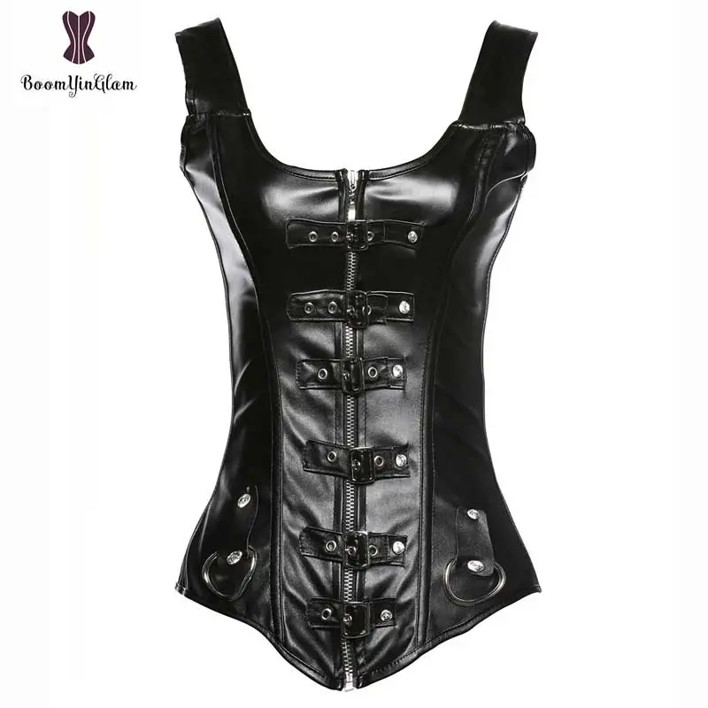 Женский корсет из искусственной кожи с молнией спереди и пряжкой|Бюстье корсеты|