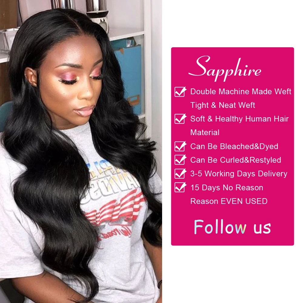 SAPPHIRE Peruvian 4 Bundles with Closure Body Wave 100% Human Hair Free Part Lace 5PCS | Шиньоны и парики