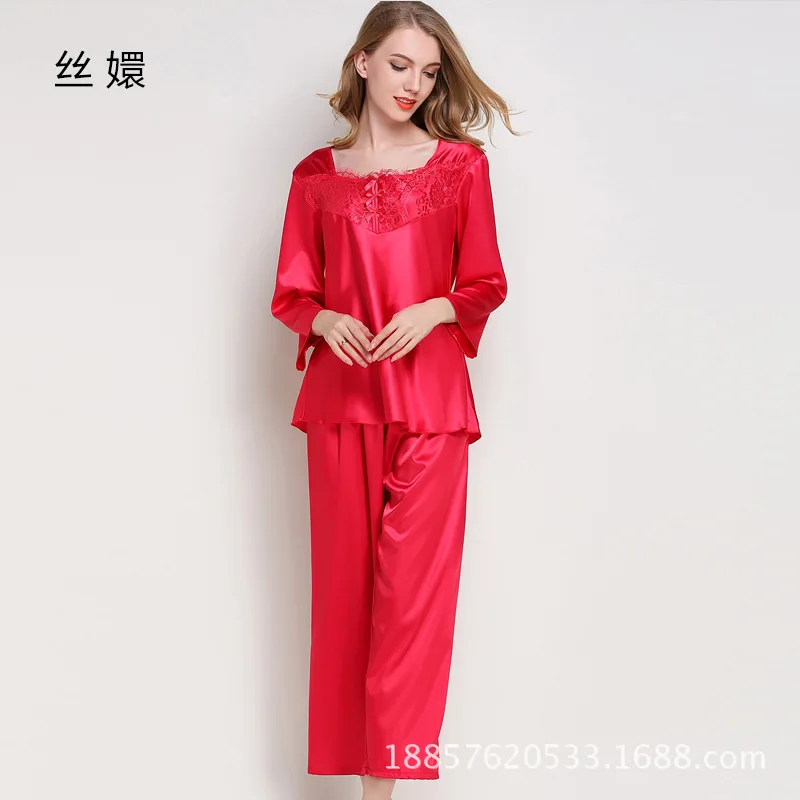 Spiring Autumn Women Ladies Sexy Flower Lace Satin Silk Pajamas Sets Long Sleeve Tops+Pants Sleepwear Femme Nightwear Pyjama | Женская