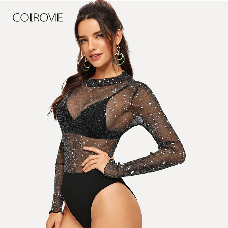 COLROVIE, черное однотонное Сетчатое прозрачное элегантное боди с длинным рукавом, женское осеннее Клубное стильное сексуальное боди для офиса, женские боди