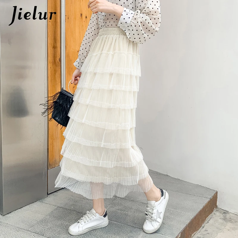 Jielur Mesh Pleated Skirt Women Summer High Waist A-line Solid Color Sexy Long Black Pink Casual Faldas Mujer Moda 2021 | Женская одежда