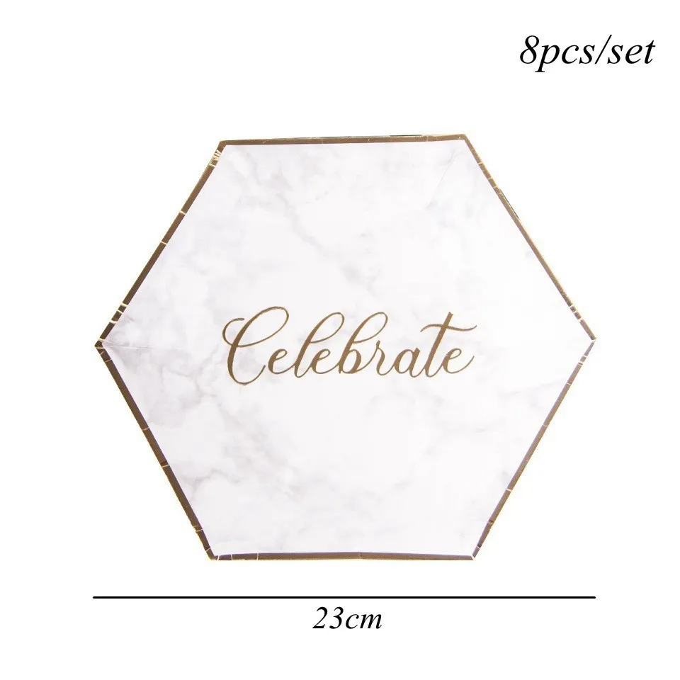 8pcs Celebrate Plate 1 Набор, Мраморная позолота, одноразовая посуда, розовое золото, бумажный стаканчик/тарелки/соломинки, украшение стола, для дня рождения, свадьбы, вечеринок - Цвет: 8pcs Celebrate Plate