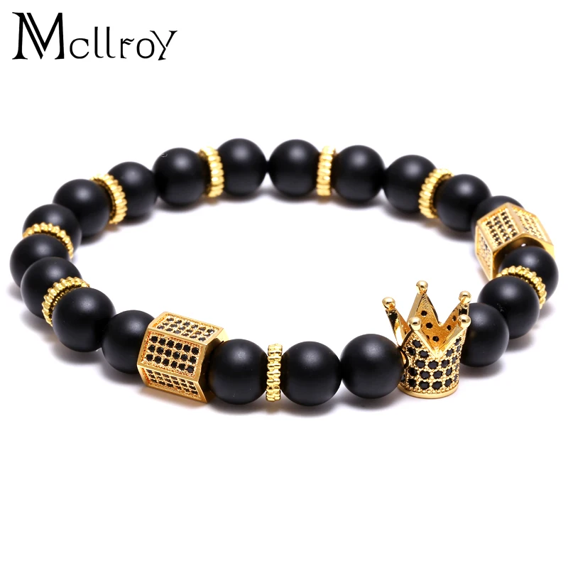 Роскошный браслет Pave Black CZ Zirconia Gold King браслет с шармом с короной мужской браслет с камнем из бисера на День святого Валентина мужские ювелирные изделия ручной работы