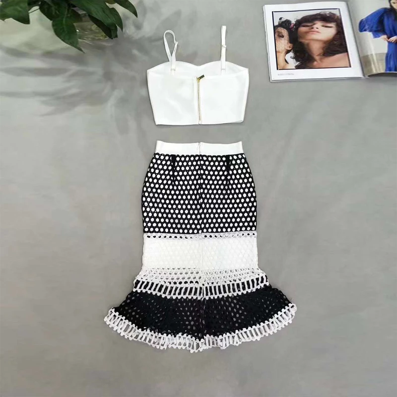 

High Quality Women Two Piece Set Bandage Fashin Black White Patchwork Bodycon 2 Pieces Celebrity Party Dress Vestidos Wholesale