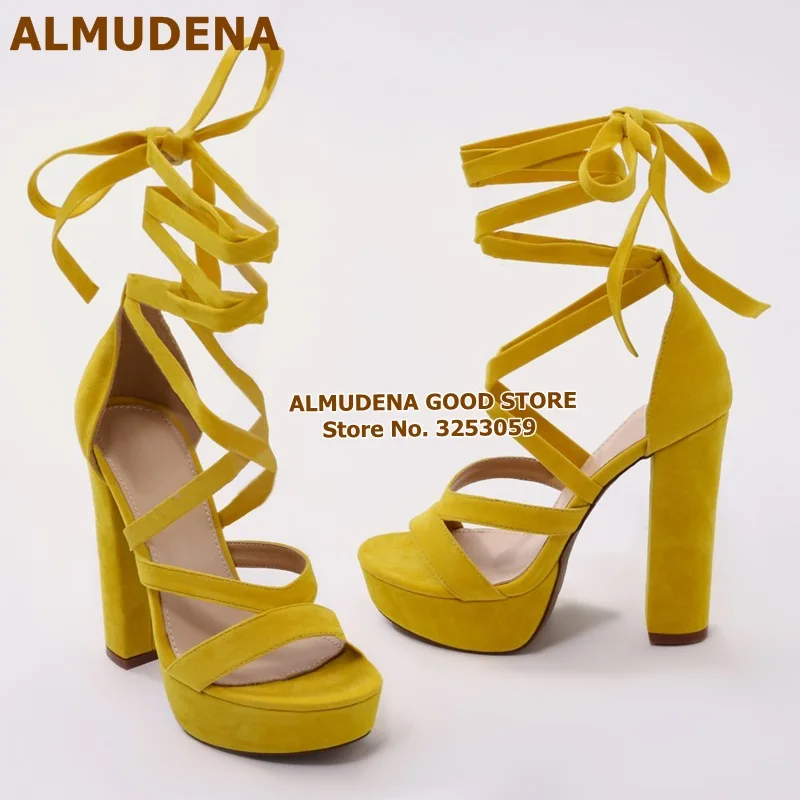 ALMUDENA/высококачественные желтые замшевые сандалии-гладиаторы на платформе и не сужающемся книзу массивном каблуке Банкетная обувь на шнуровке с перекрестными ремешками туфли-лодочки для ночного клуба