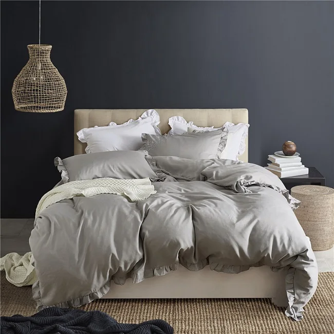 light grey Романтичный розовый комплект постельного белья, Элегантный Пододеяльник с оборками, набор из 2/3 предметов, постельное белье, пододеяльник для близнецов, королева, король, свадебное украшение - Цвет: light grey