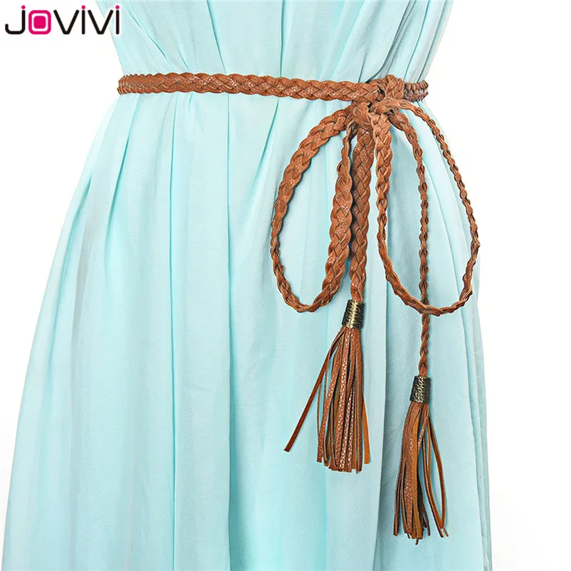 Женский плетеный пояс Jovivi тонкий из искусственной кожи с кисточками 180 см модный