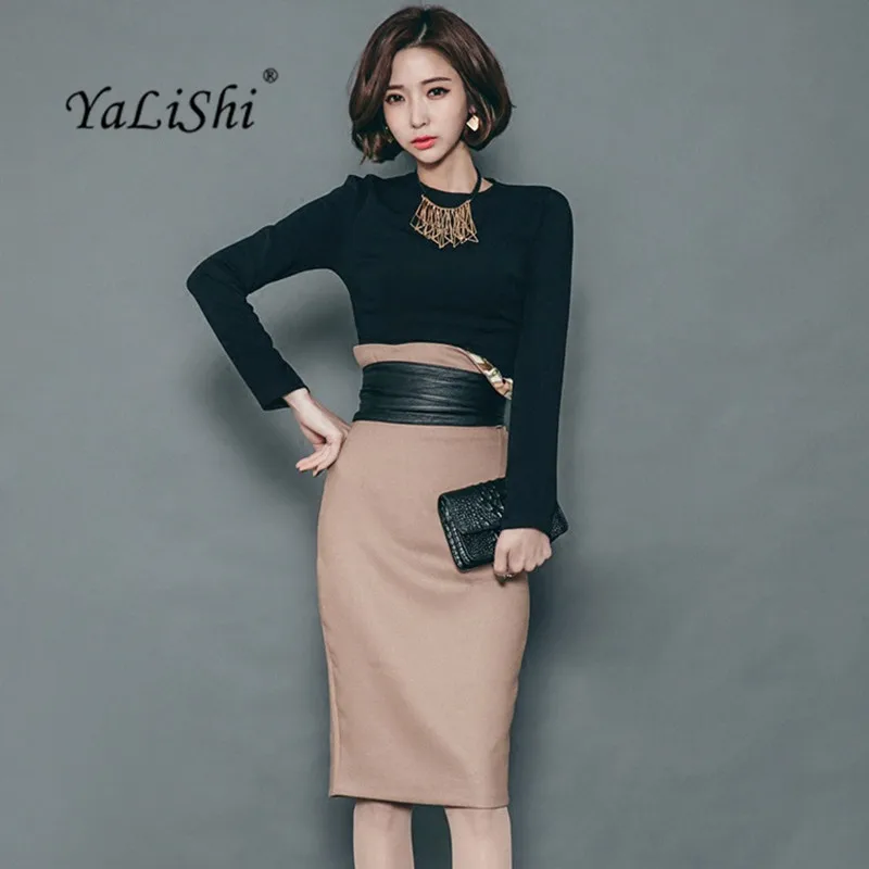 Женский костюм 2020 весенние черные офисные Топы с длинным рукавом блузка и юбка